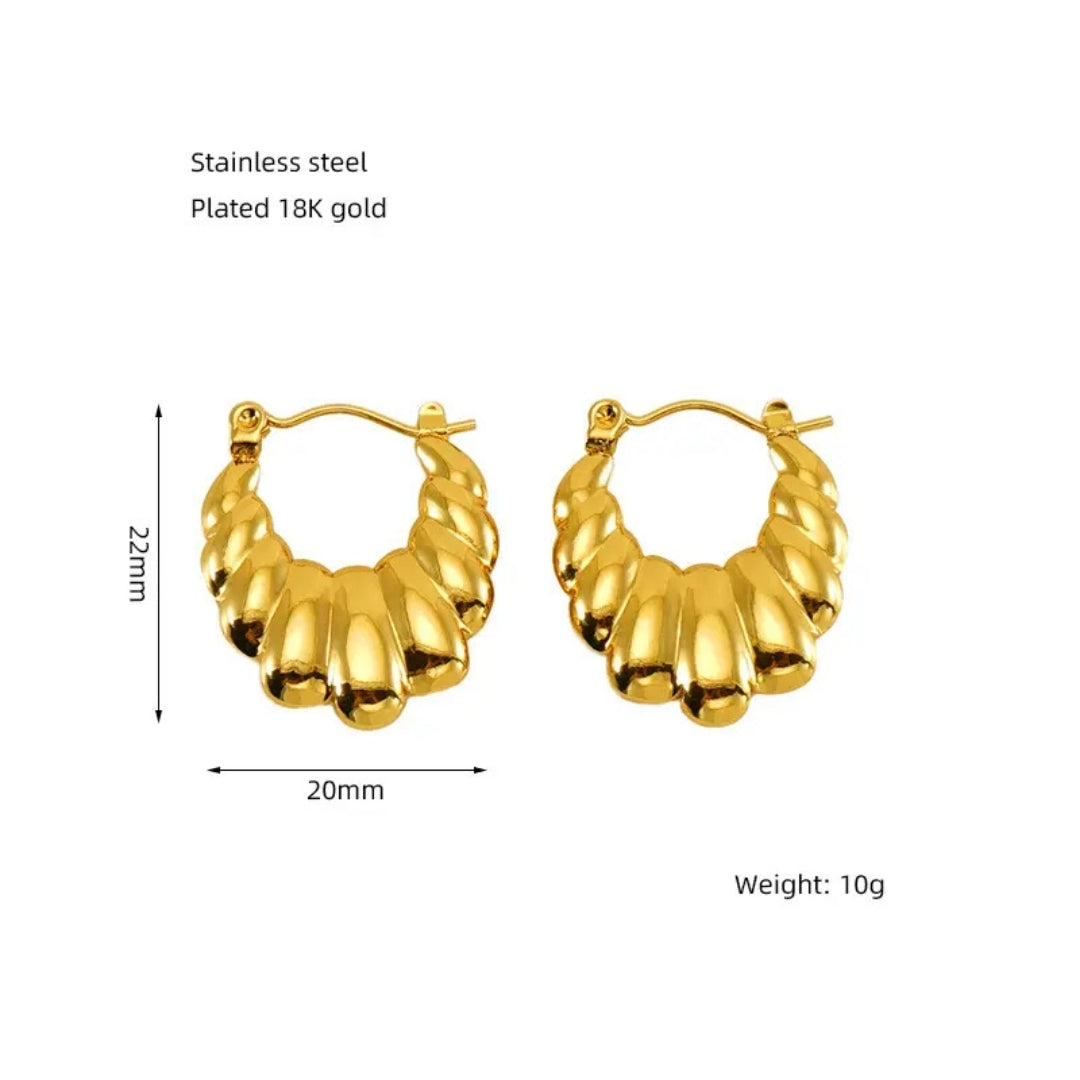 Anti Tarnish Gold Puffed Shell Design Hoop Earrings