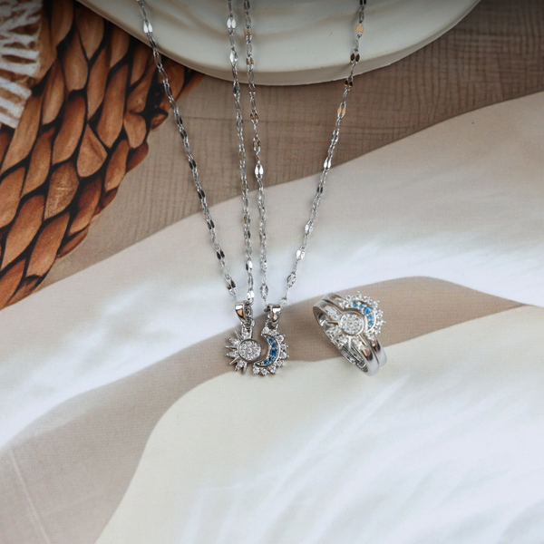 Love Silver Plated Sun Mood Necklace, Ring Set