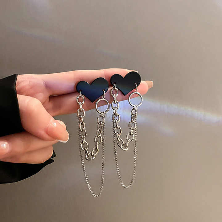 Black Heart 2 Layer Chain Earrings