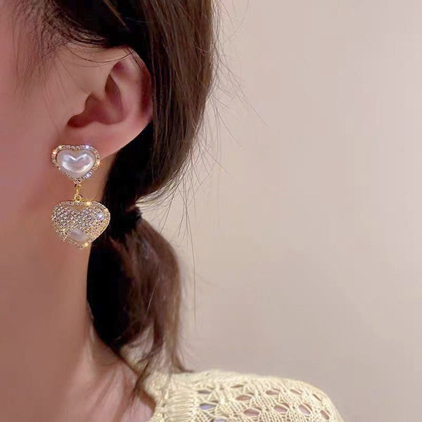 Dual Hearts Pearl Earring