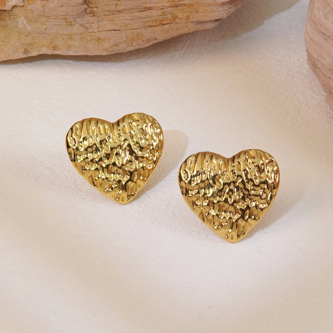 Anti Tarnish Golden Heart Rock Texture Earring