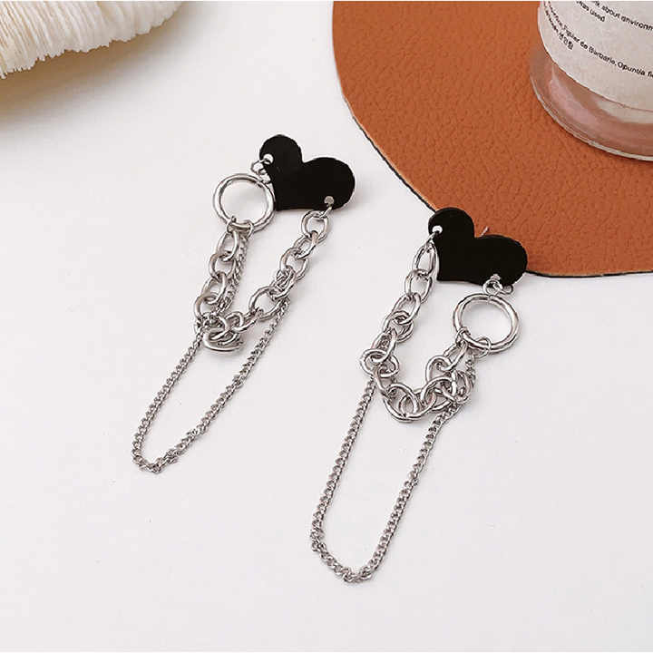 Black Heart 2 Layer Chain Earrings