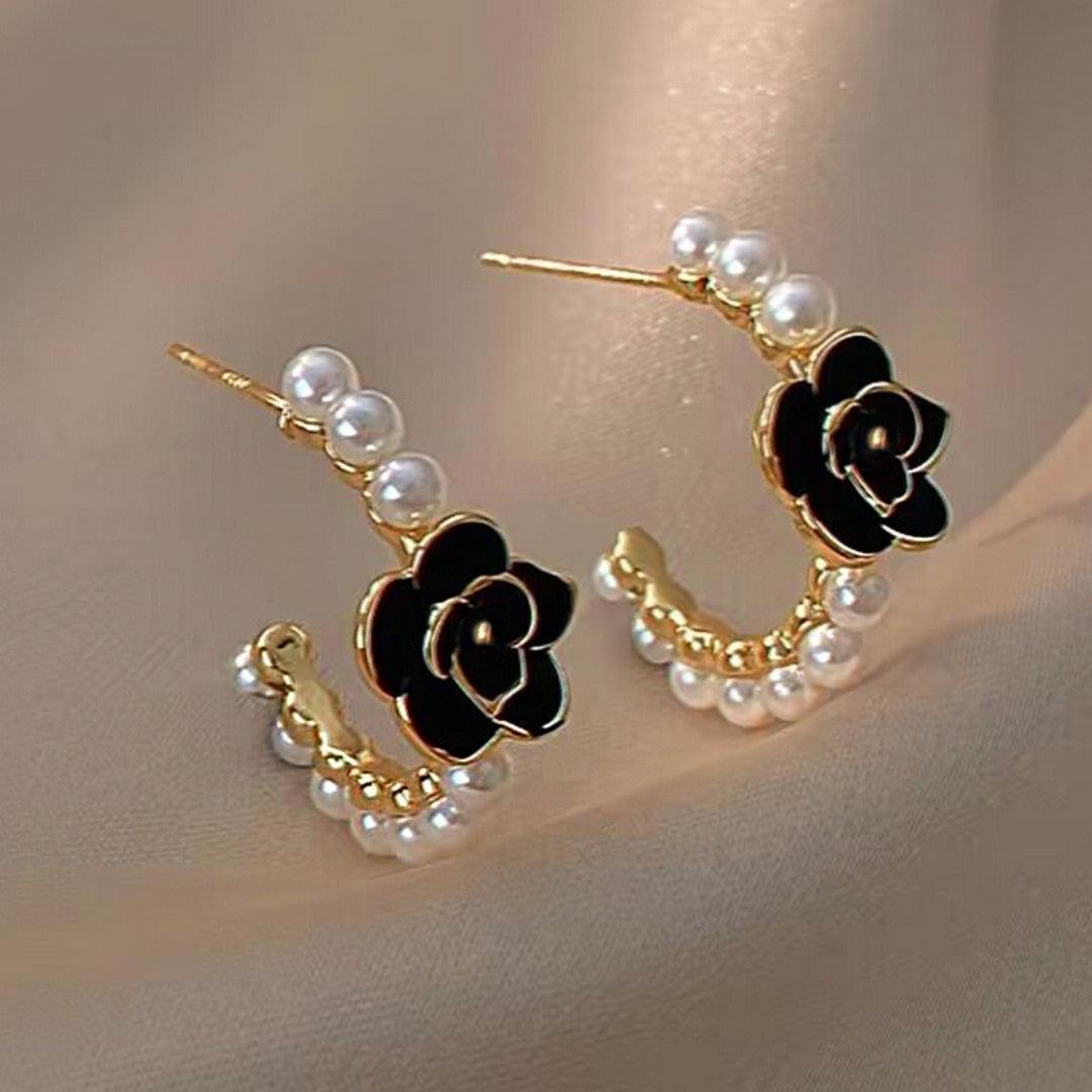 Black Rose Pearl Hoop Earrings