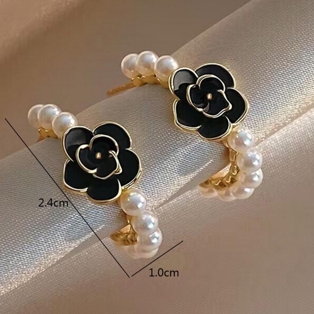 Black Rose Pearl Hoop Earrings