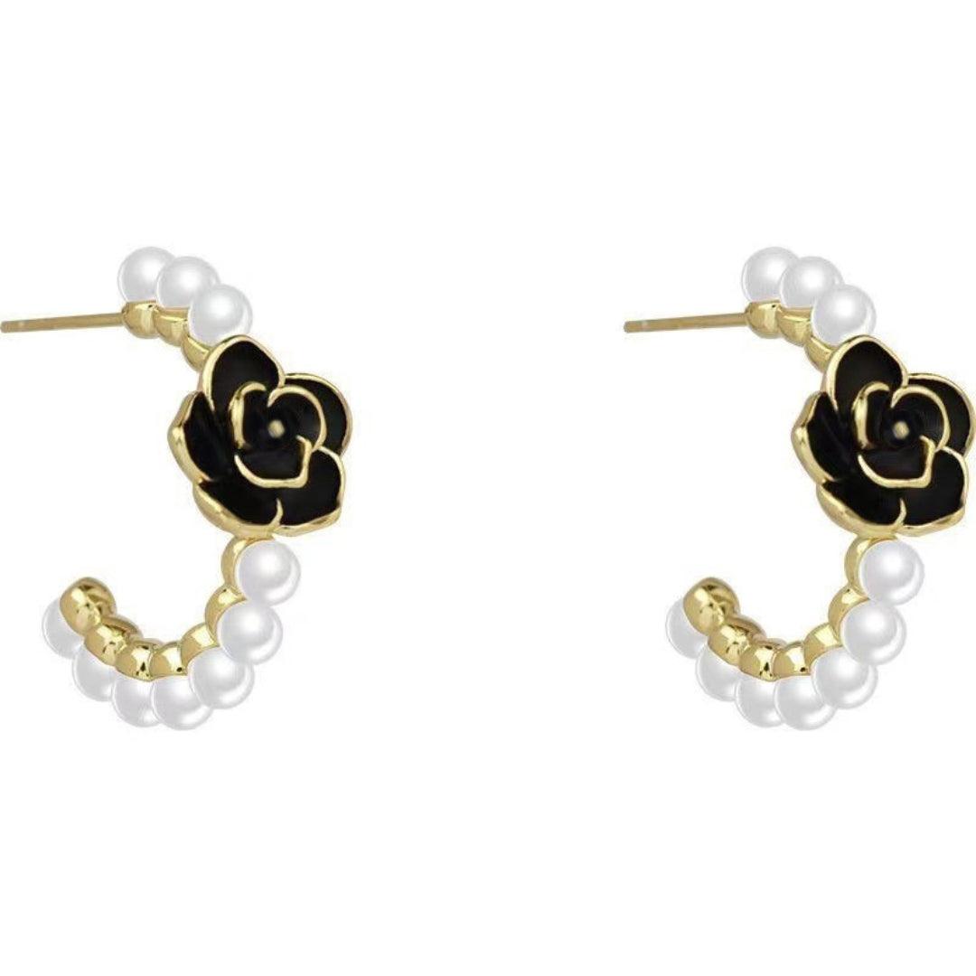 Black Rose Pearl Hoop Earrings