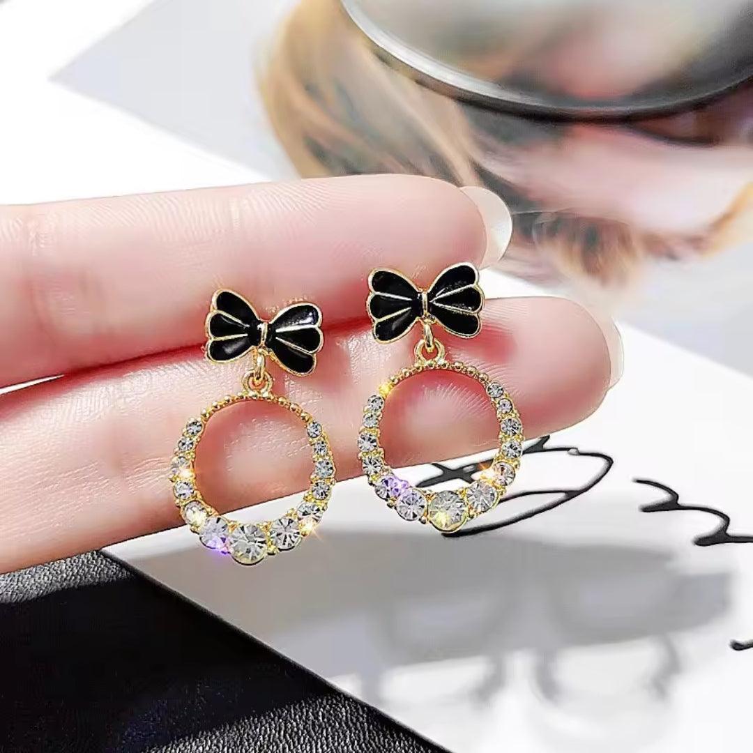 Bow and Crystal Oval Drop Earrings