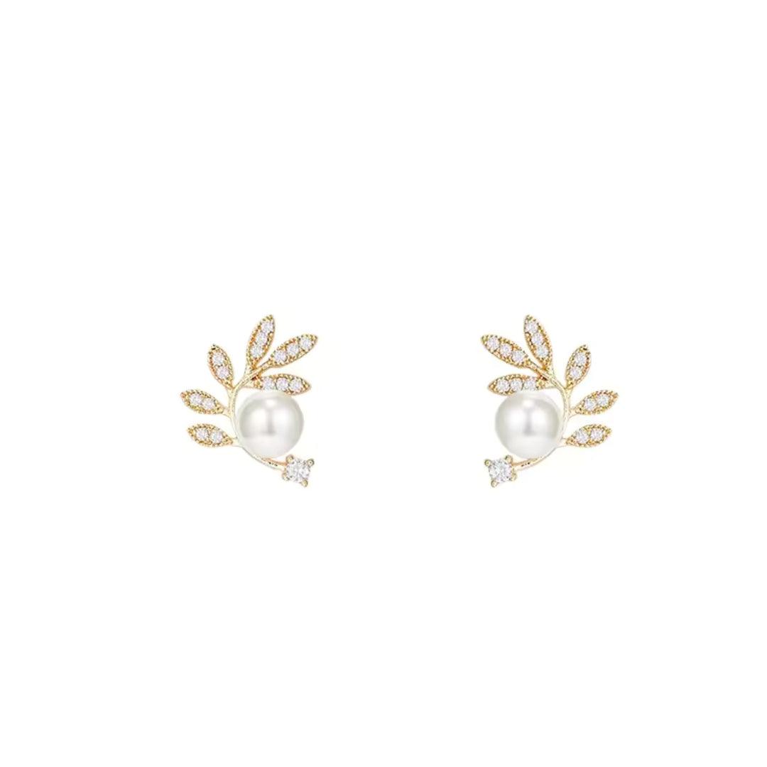 Leaf and Pearl Stud Earrings