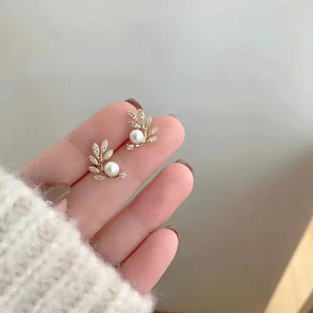 Leaf and Pearl Stud Earrings