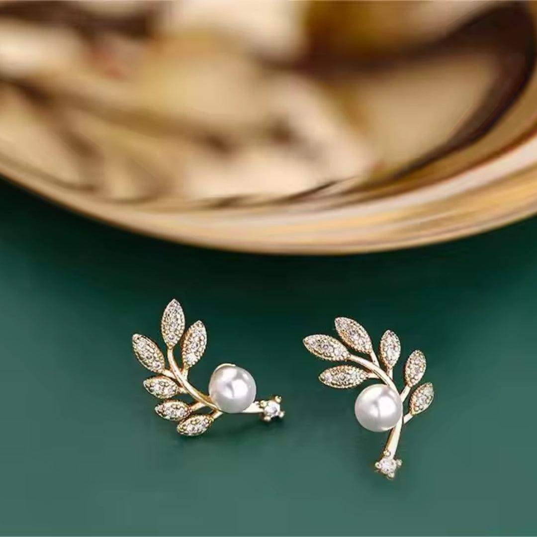 Leaf and Pearl Stud Earrings