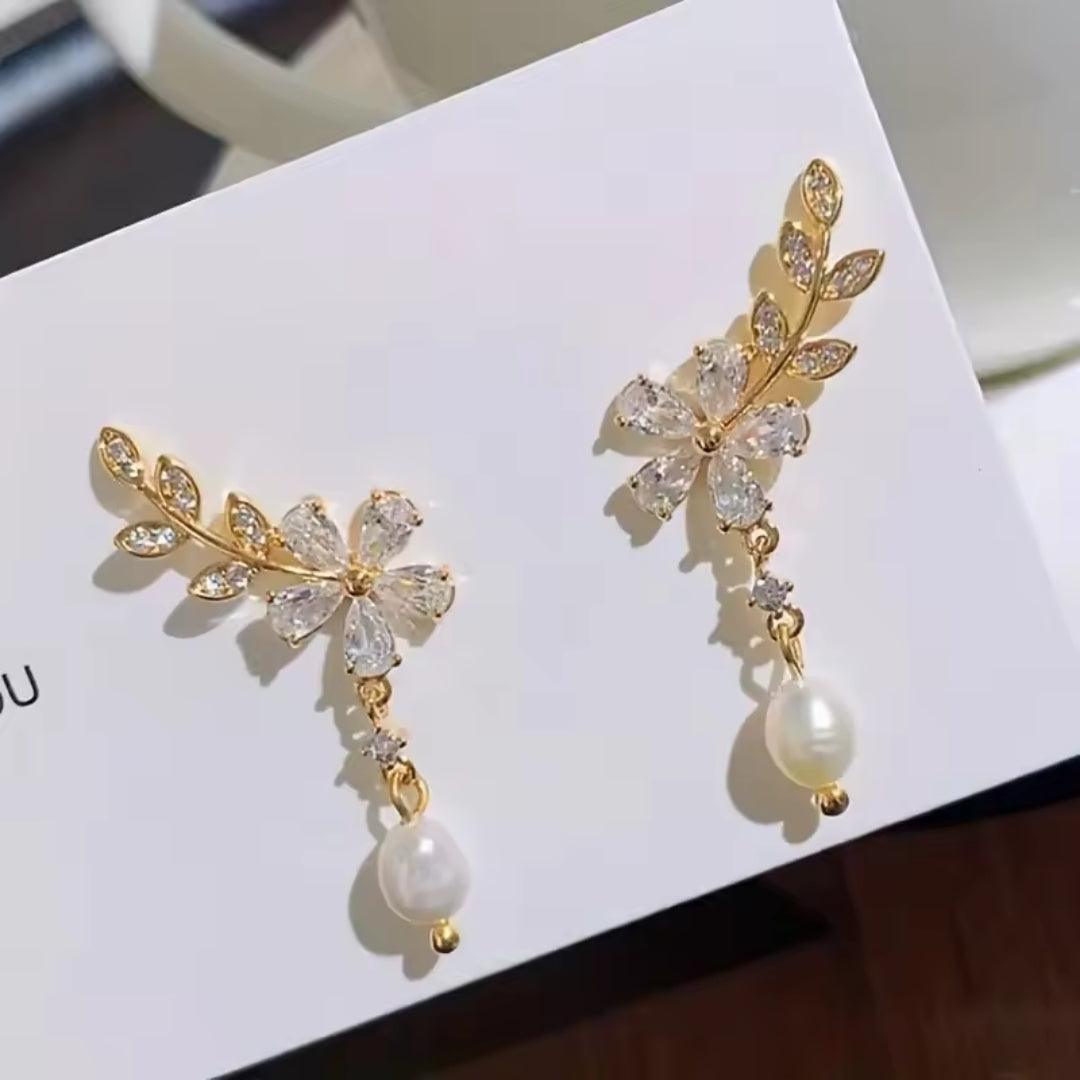 Crystal Floral Pearl Drop Earrings