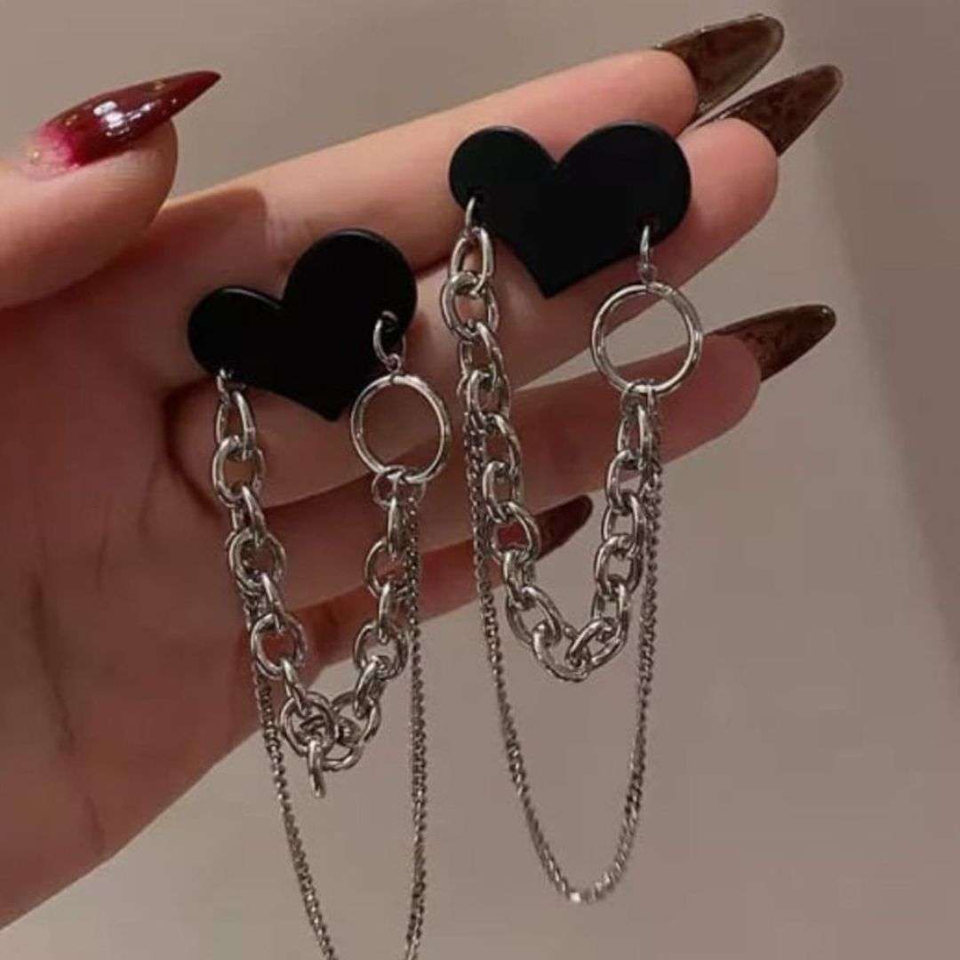 Black Heart 2 Layer Chain Earrings