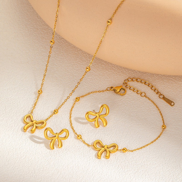 Gold Bow Necklace Bracelet Earrings Set