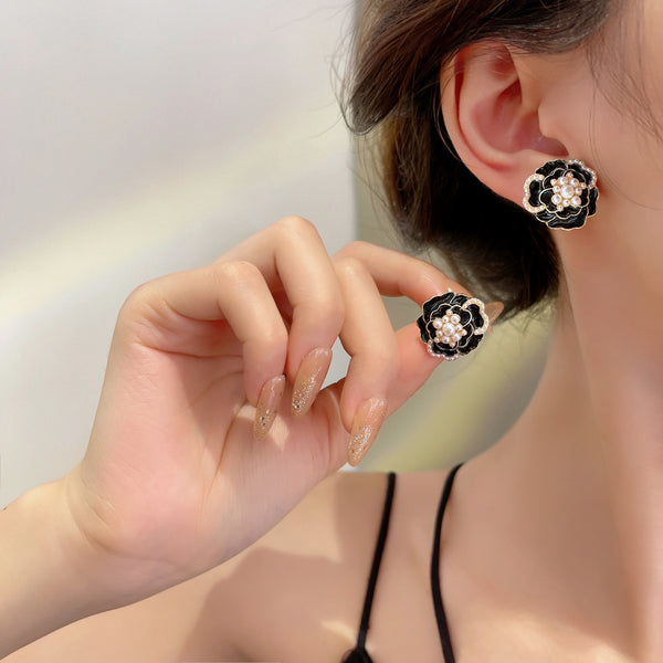 Combo Of 2 Black & Pearl Camellia Flower Earrings