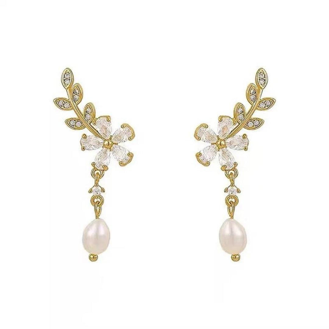 Crystal Floral Pearl Drop Earrings