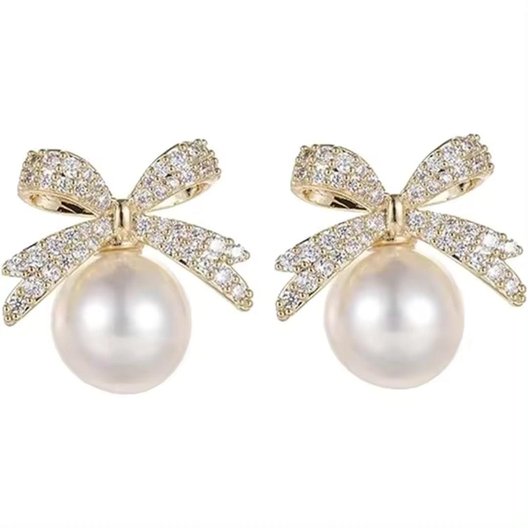 Golden Bow Pearl Earrings