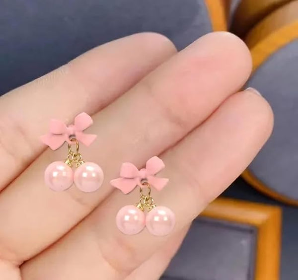 Pink Bow & Pearl Earring