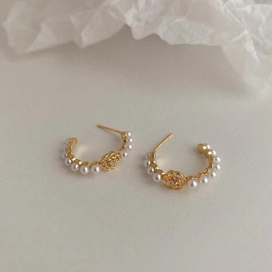 Pearl Wrap Gold Flower Earrings