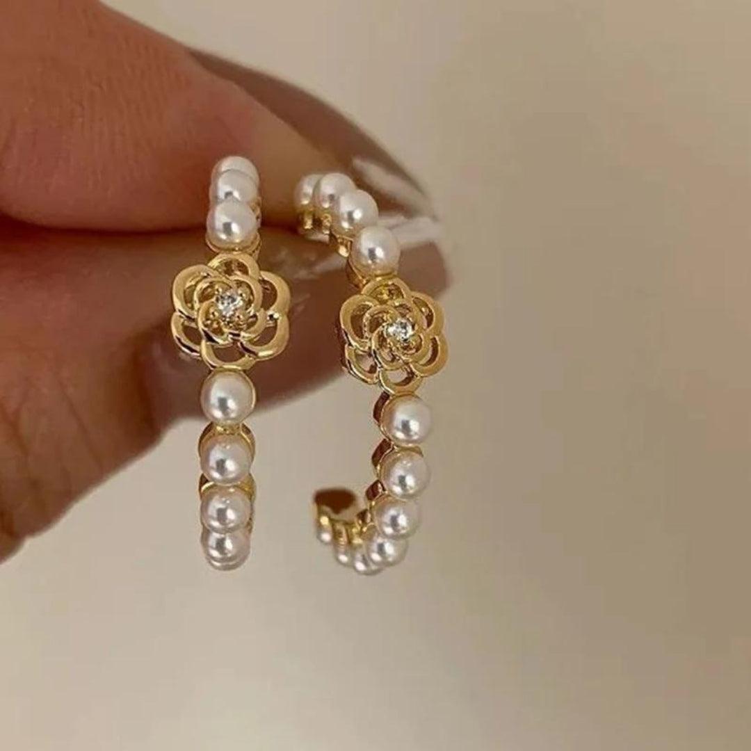 Pearl Wrap Gold Flower Earrings