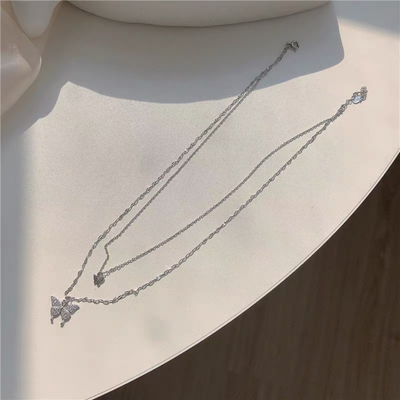Silver Double Chain Butterfly Necklace