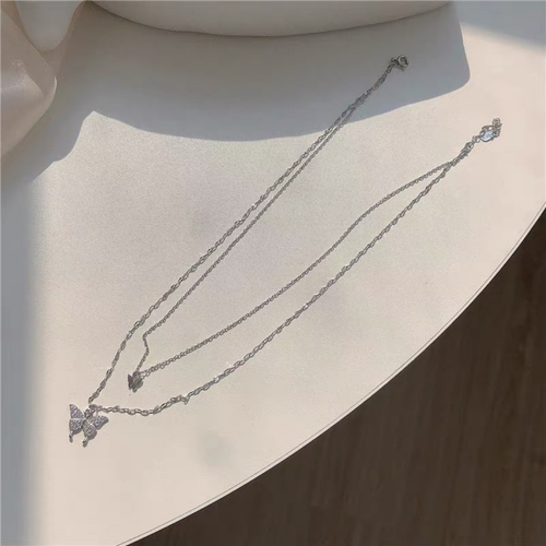 Silver Double Chain Butterfly Necklace