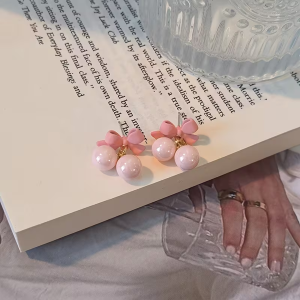 Pink Bow & Pearl Earring