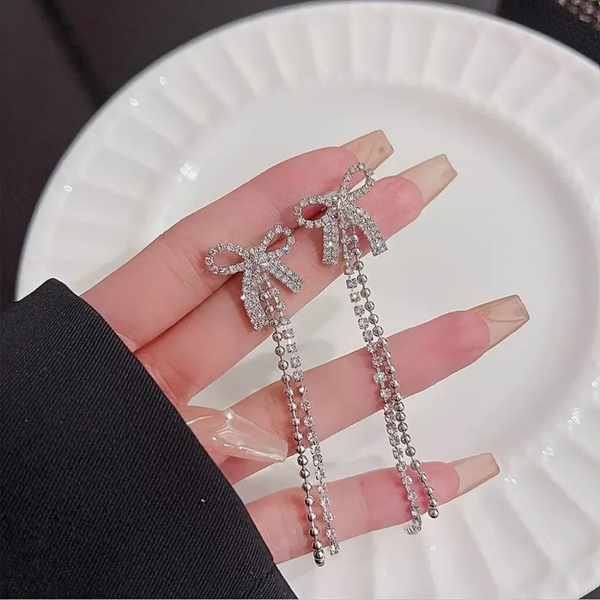Rhinestone chain bow earrings