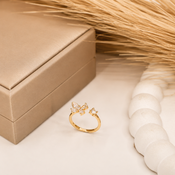 Butterfly & Flower Gold Ring