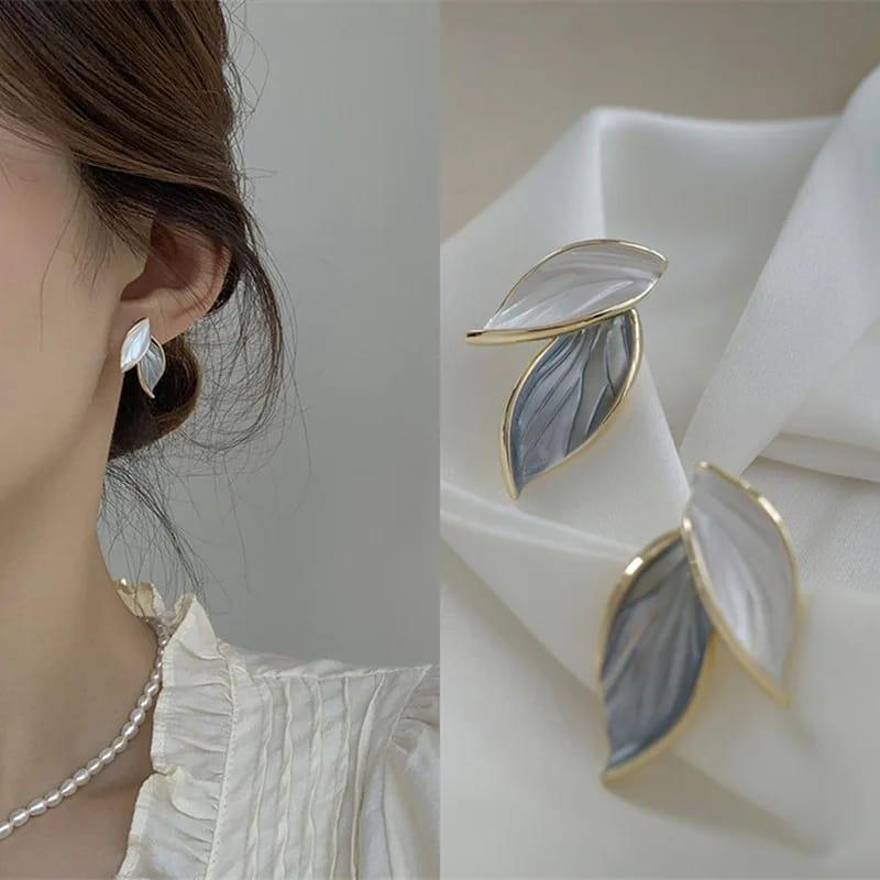 Gold-Toned Leaf Earrings with White and Blue Enamel Accents