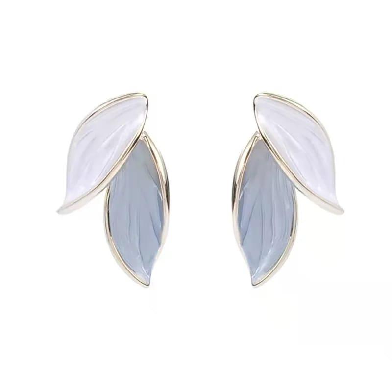 Gold-Toned Leaf Earrings with White and Blue Enamel Accents