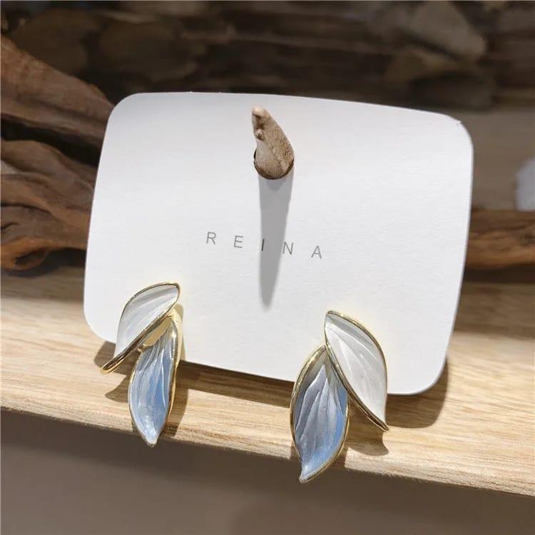 Gold-Toned Leaf Earrings with White and Blue Enamel Accents