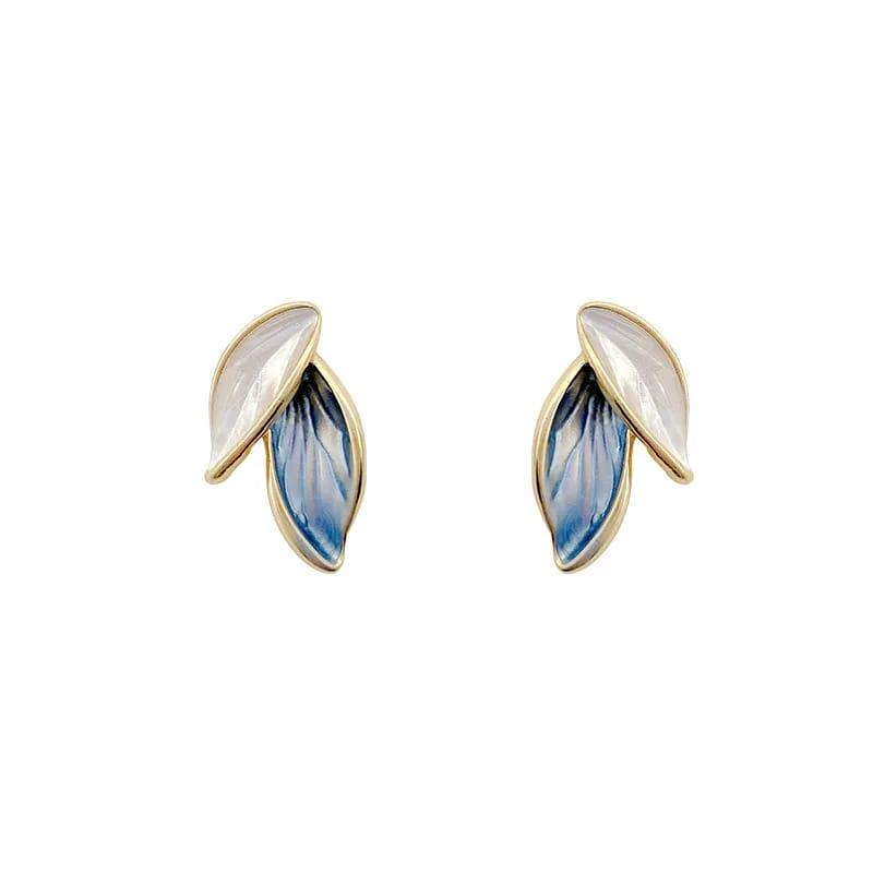 Gold-Toned Leaf Earrings with White and Blue Enamel Accents