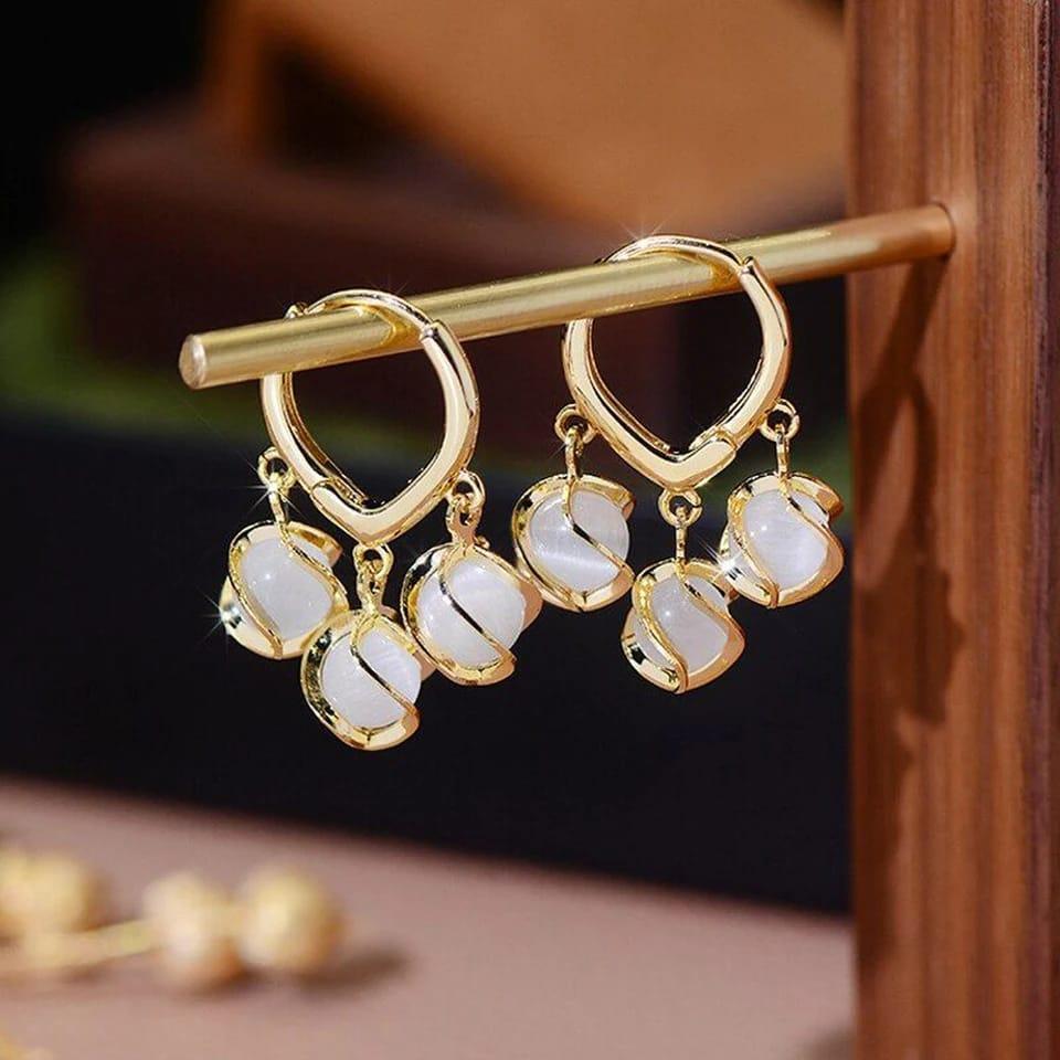 Gold-Toned Hoop Earrings with Dangling White Stone Charms