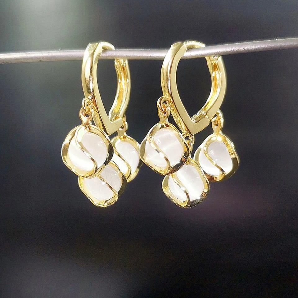 Gold-Toned Hoop Earrings with Dangling White Stone Charms