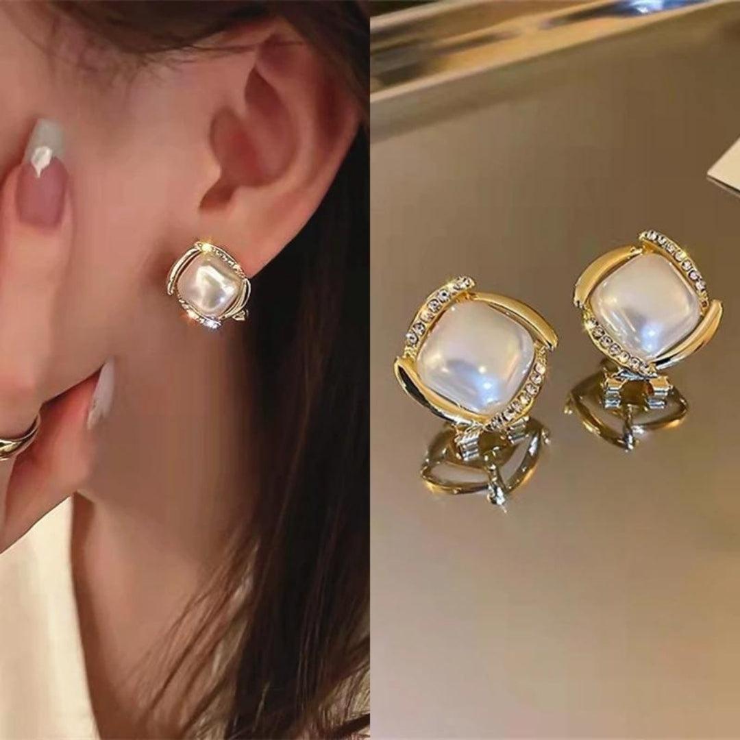 Gold Pearl Square Stud Earrings