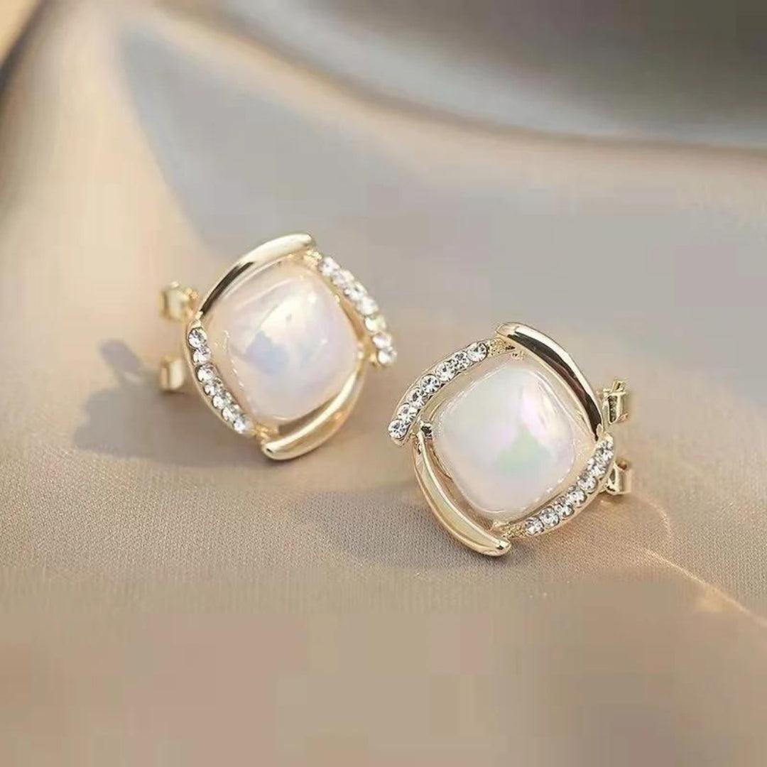 Gold Pearl Square Stud Earrings