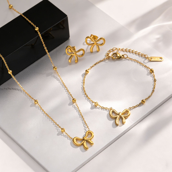 Gold Bow Necklace Bracelet Earrings Set