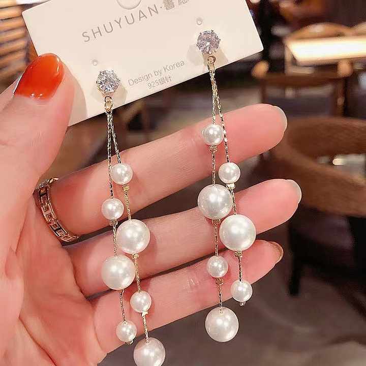 Long Pearl Chain Drop Earrings