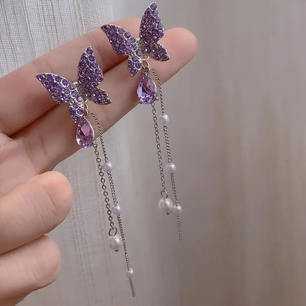 Long Tassel Purple Rhinestone Earrings