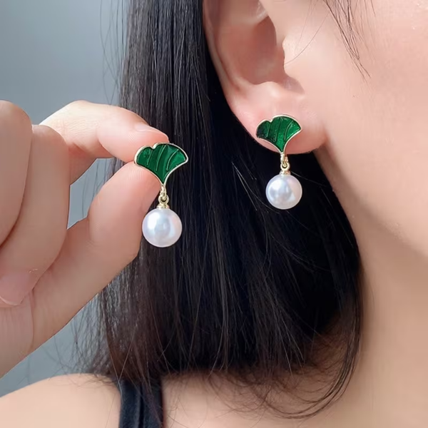 Trending Green Leaf Pearls Earrings