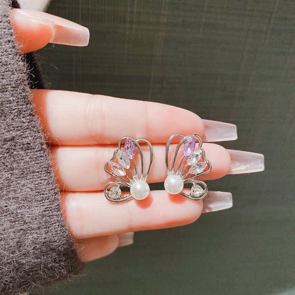 Butterfly Crystal Pearl Stud Earrings