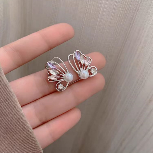 Butterfly Crystal Pearl Stud Earrings