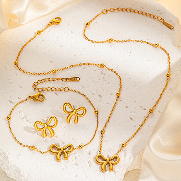 Gold Bow Necklace Bracelet Earrings Set
