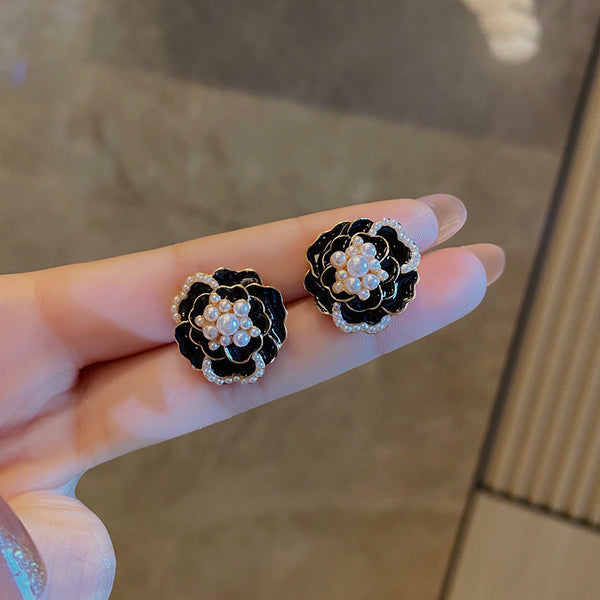 Combo Of 2 Black & Pearl Camellia Flower Earrings