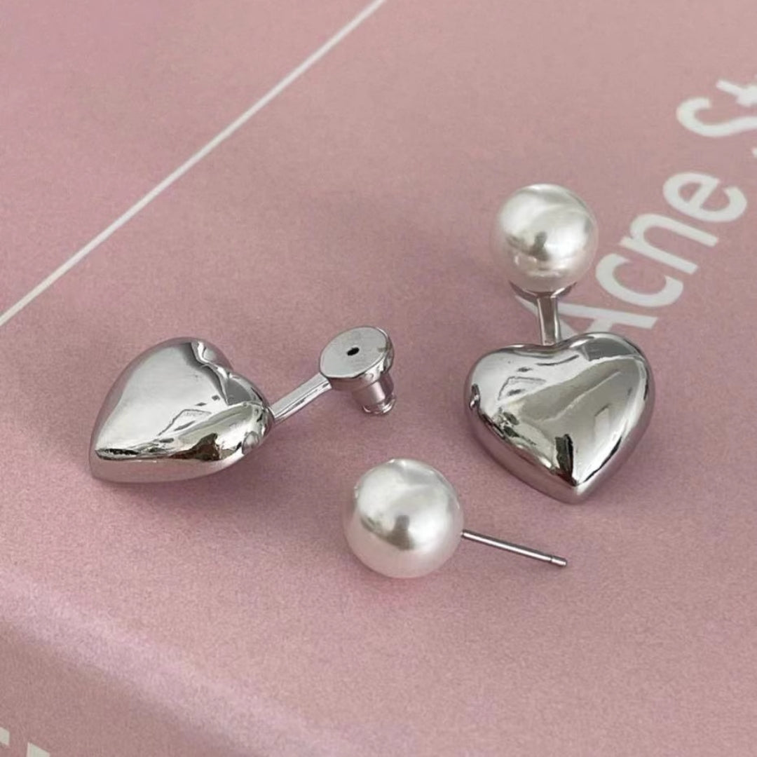 Silver Pearl And Heart Drop Earring