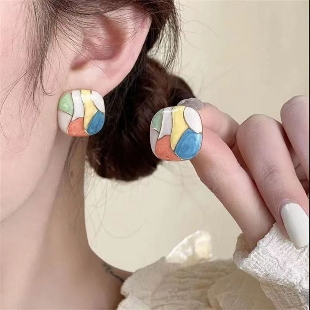 Gold Plated Multi-color Cube Stud Earring