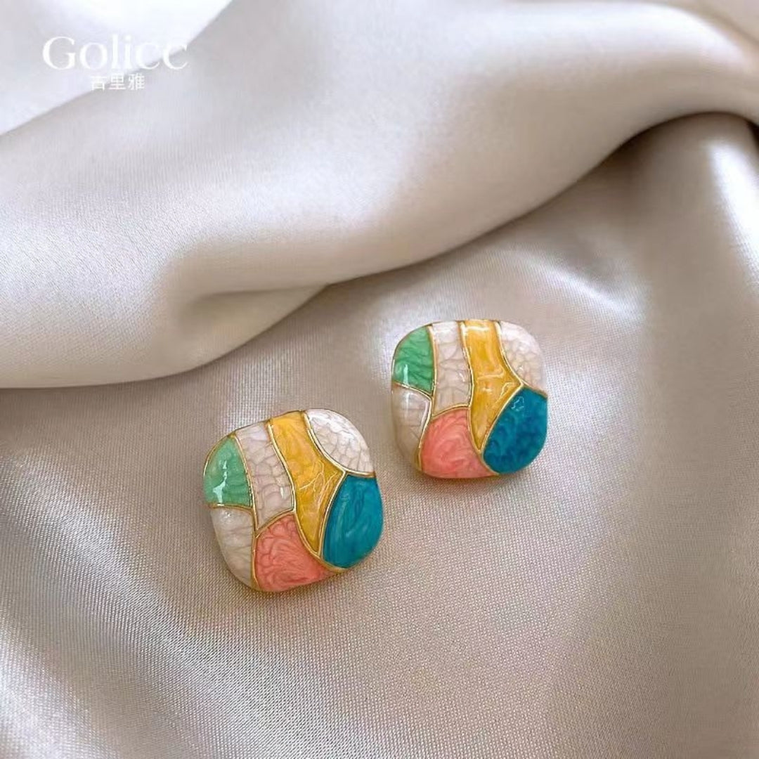 Gold Plated Multi-color Cube Stud Earring