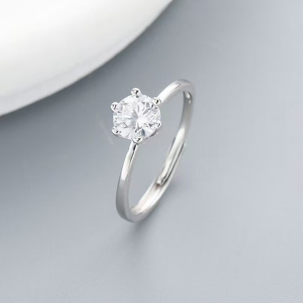 S925 Silver Classic Six-Prong Solitaire Adjustable Ring
