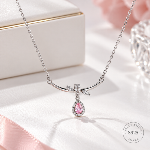 S925 Silver Pink Teardrop Crystal Pendant Necklace Alternate