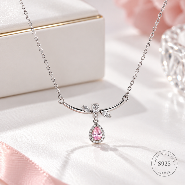 S925 Silver Pink Teardrop Crystal Pendant Necklace