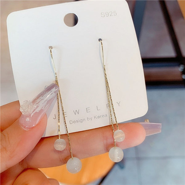 Opal ball long tassel earring